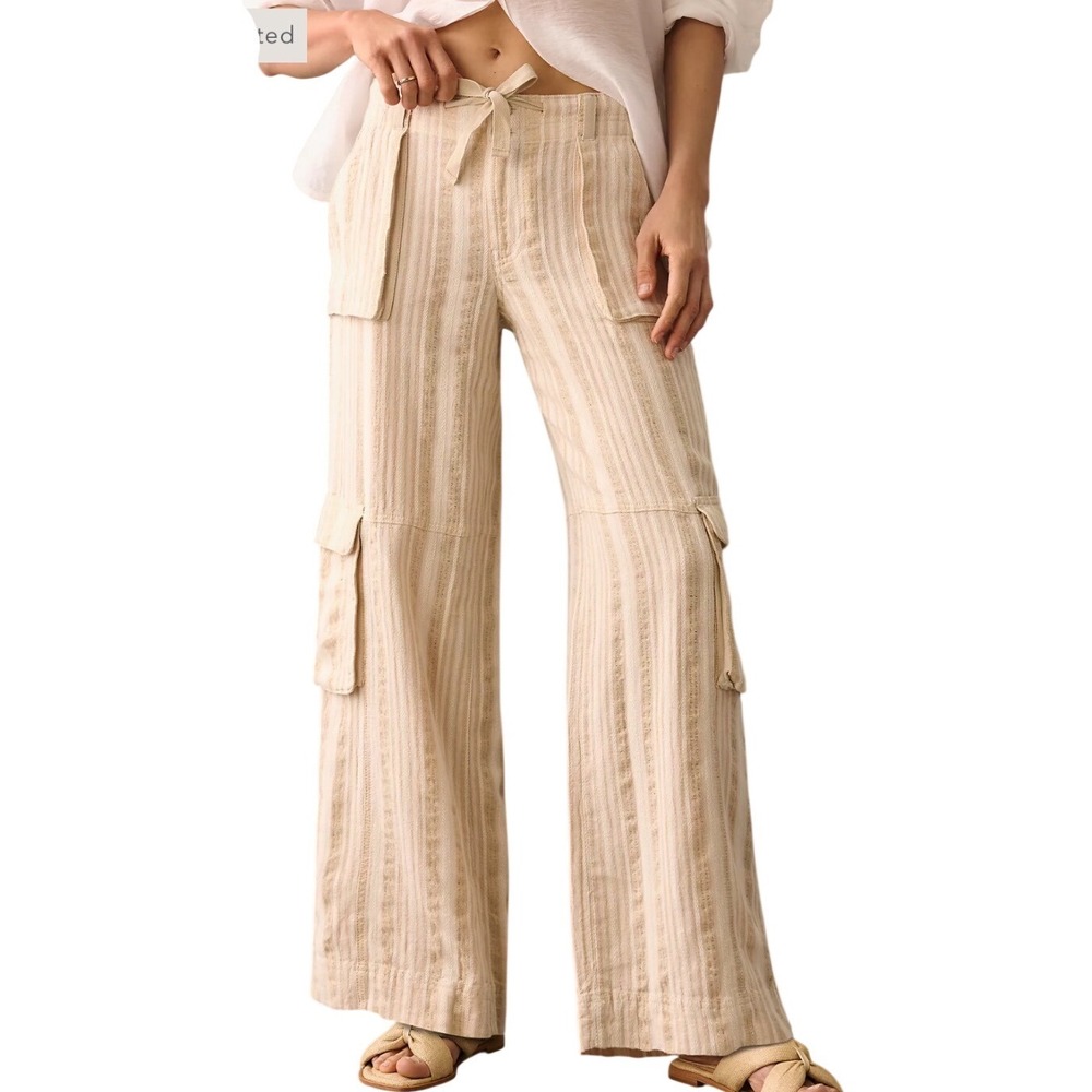 Anthropologie Cargo Pants Size 28 Beige/Gold Striped Linen Blend Wide Leg